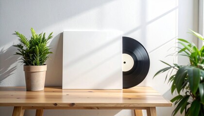 Classic black vinyl record with a pristine white blank cover, perfect for custom artwork, sitting on a natural wooden table, complemented by green plants and soft sunlight