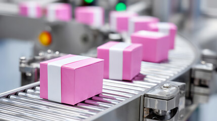 Pink gift boxes are moving along a conveyor belt in a modern packaging facility, showcasing the automated process of product distribution and preparation for delivery