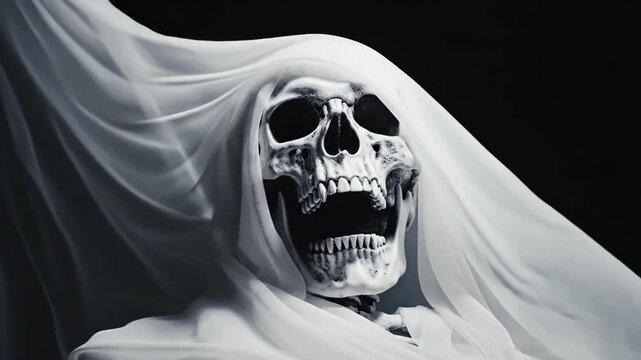 Eerie skeleton shrouded in white fabric against a dark background evokes a sense of mystery and mortality perfect for halloween themes or gothic art projects and designs