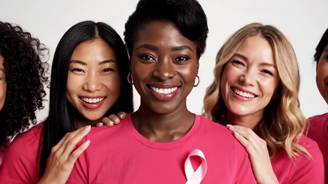 Diverse group of women wearing pink shirts and breast cancer awareness ribbons stand together smiling in support of breast cancer awareness month and fundraising efforts