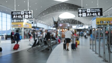 Blurred airport terminal interior with shallow bokeh, defocused signage and rolling luggage in soft focus; background backplate copyspace template.