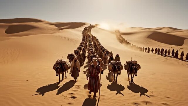 Leader guides his people through the desert sands with donkeys carrying supplies on a long journey towards a distant destination under the scorching sun in a historical setting