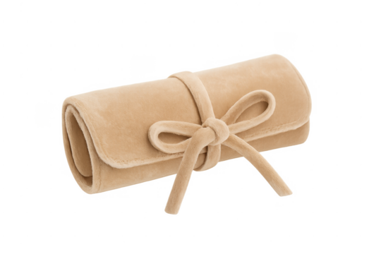 Beige velvet roll-up travel pouch tied with bow