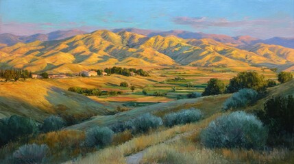 Serene Landscape with Rolling Hills, Colorful Fields, and Majestic Mountains under Clear Sky at Golden Hour Captured in Gorgeous Natural Beauty