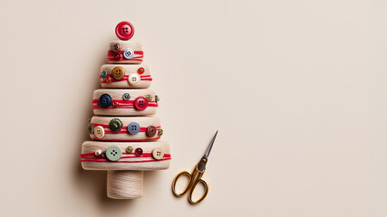 Top view flat lay of Christmas tree made from assorted dog food, treats and chew sticks on light background, festive minimalist composition for pet store and winter marketing concept