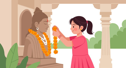 A young girl places a garland around a statue, likely a religious or cultural practice.