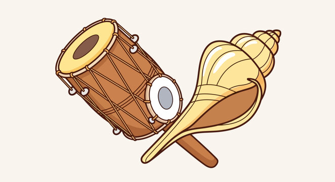 Illustration of a traditional dholak drum and a shankha conch shell, representing Indian culture and music.