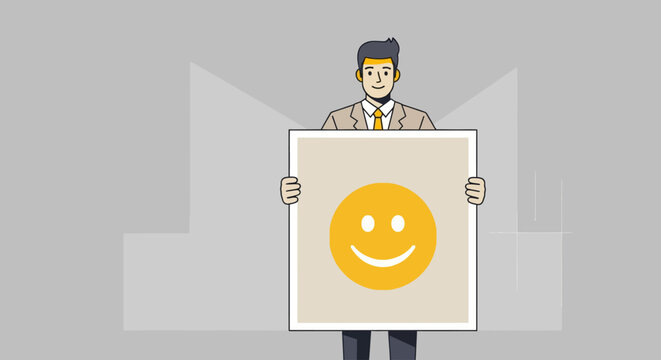 A man in a suit holding a square sign with a yellow smiley face on it.