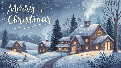 Fototapeta premium Watercolor Snowy Village Merry Christmas Night Scene