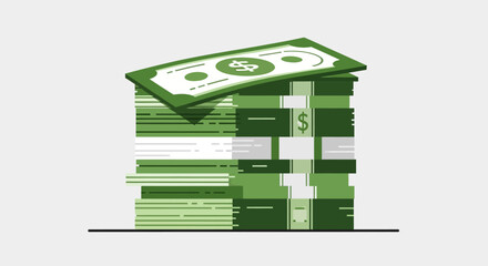 A large stack of green cash banknotes illustrated in a flat vector style, symbolizing wealth and finance.