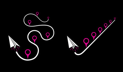 Paper airplane location pin markers, line with curve, straight line vector design on black. Simple, complex difficult complicated business process solution. Gps map markers vector with origami plane. 