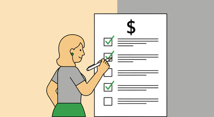 Woman checking off items on a financial checklist with a dollar sign.