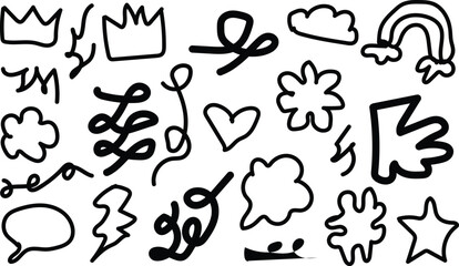 Collection of hand drawn doodle elements including crowns clouds hearts stars and abstract shapes