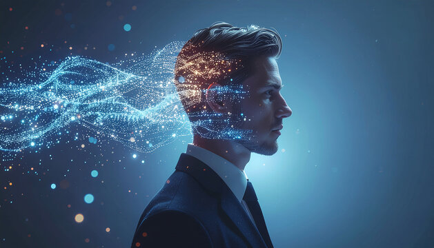 Man with glowing digital brain and data streams emanating from head.