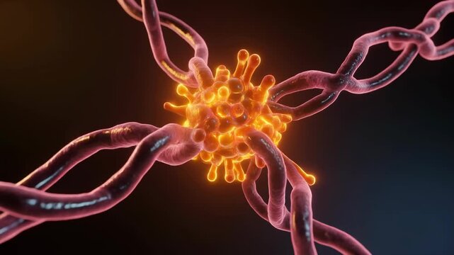 Microscopic animation of protein folding, showing a globular structure with tendrils