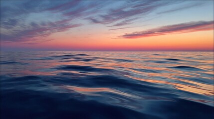Fototapeta premium Serene Sunset Over Calm Ocean Waves with Vibrant Colors Reflecting on Tranquil Water Surface in Beautiful Twilight Sky Background
