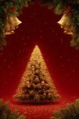 Elegant Christmas tree with golden lights and bells, perfect for festive greetings, holiday promotions, and creating a warm, inviting atmosphere
