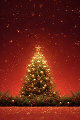 Festive Christmas tree adorned with golden ornaments sparkles against a rich red backdrop creating an elegant holiday atmosphere for seasonal greetings