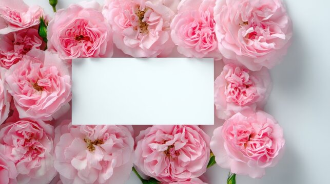 Beautiful pink roses surrounding a blank invitation card on a white background, perfect for romantic events, weddings, or floral designs in photography - Powered by Adobe