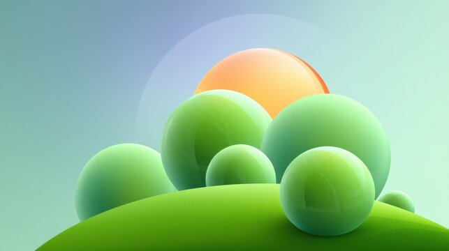 Abstract landscape design featuring smooth green spheres on a hillside with a glowing orange sphere rising against a soft pastel sky background