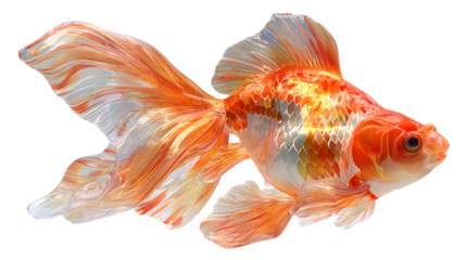 3D rendered goldfish with glossy orange body and flowing tail fins, elegant aquatic pet concept for home decor or logo design, isolated on white background