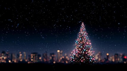 Christmas tree with colorful lights over night city skyline with falling snow, celebrating Winter Holiday and Happy New Year concept