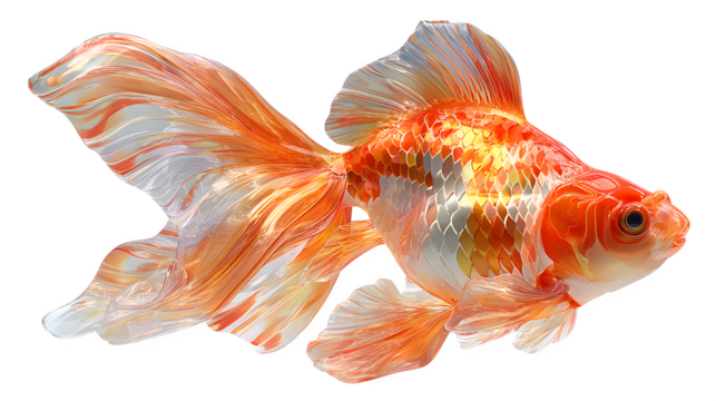 3D rendered goldfish with glossy orange body and flowing tail fins, elegant aquatic pet concept for home decor or logo design, isolated on white background