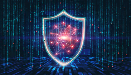 Abstract Conceptual Image of Digital Shield Protecting Data Network, Representing Cyber Security and Privacy