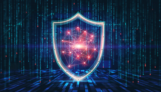 Abstract Conceptual Image of Digital Shield Protecting Data Network, Representing Cyber Security and Privacy