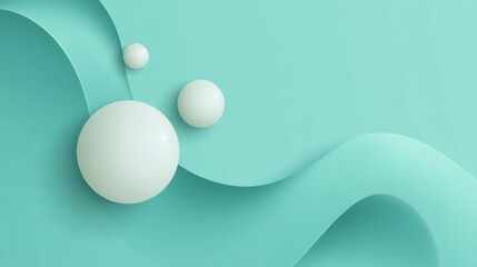 Artistic abstract background featuring smooth curves and three-dimensional spheres in shades of turquoise and mint green for a modern aesthetic