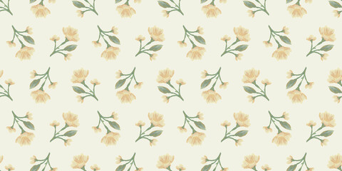 Vintage seamless pattern with pale yellow watercolor flowers and green leaves on a cream background