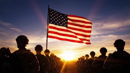 American flag waves proudly against a sunset backdrop with silhouetted soldiers standing in formation symbolizing patriotism and military service on veterans day