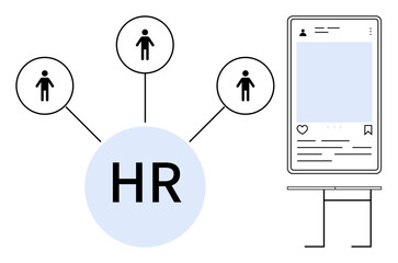 HR icon connected to individuals via lines, next to smartphone interface. Ideal for recruitment, networking, employee management, social media, hiring processes, people analytics, simple flat