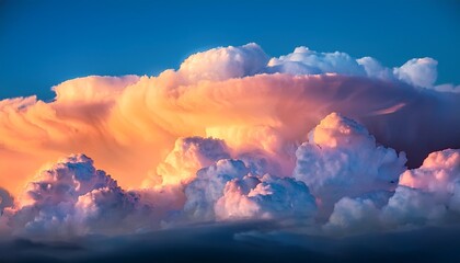 Close Up View Of Beautiful Colored Dramatic Cumulus Fluffy Clouds On Blue Sky At Sunset Background