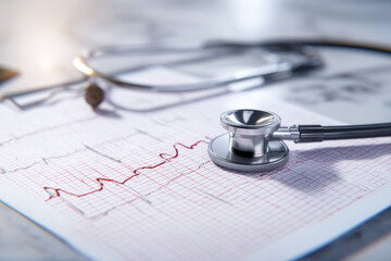 A stethoscope lies on a printed electrocardiogram. The setting indicates a medical examination room, suggesting a check-up or diagnostic procedure.