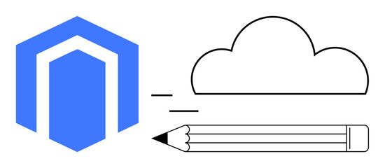 Hexagonal tech shape, cloud outline, and pencil symbolizing data storage, creativity, and innovation. Ideal for design process, technology startup, cloud computing, data management innovation