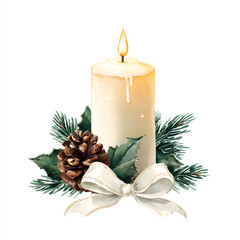 Cozy holiday spirit, a lit candle with festive pine, holly, and bow watercolor art evokes peace and warmth, perfect for Christmas cards and winter decor