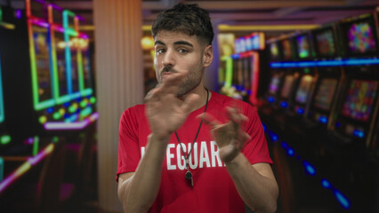 Young hispanic man clapping hands near slot machine in building while wearing lifeguard shirt and...