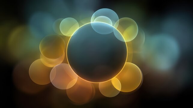 Abstract colorful bokeh background with soft glowing orbs and a central dark circle illuminated by warm tones and cool hues in a dreamy, artistic composition