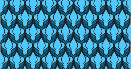 Fototapeta premium Blue and black abstract leaf-like pattern arranged symmetrically in seamless repetition.