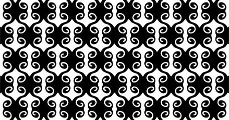 Black and white swirling ornamental seamless pattern with curly abstract shapes.