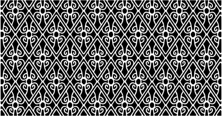 Black and white seamless pattern with intricate looping ornamental curves inspired by traditional decorative motifs.