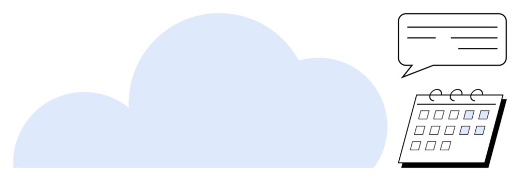Cloud shape with floating speech bubble and calendar represents online scheduling, collaboration, digital communication, and planning. Ideal for time management, teamwork, reminders, productivity