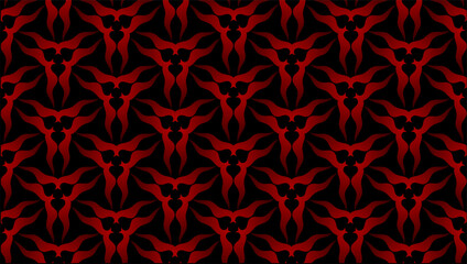 Dark red seamless pattern featuring abstract symmetrical shapes resembling tribal silhouettes, creating a bold and dramatic ornamental background.