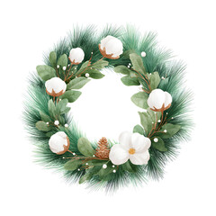 Elegant watercolor wreath with cotton, magnolia, pine, and eucalyptus for festive invitations, holiday cards, and seasonal designs adding a touch of botanical charm