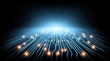 Abstract futuristic digital circuit board with glowing lines and lights representing technology, innovation, and advanced computing systems in blue tones