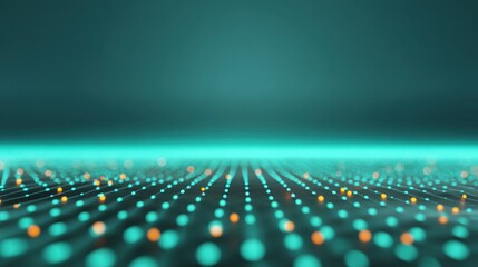 Abstract digital landscape with glowing dots in a futuristic setting, showcasing vibrant teal and orange colors on a dark background