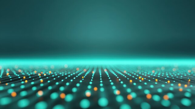 Abstract digital landscape with glowing dots in a futuristic setting, showcasing vibrant teal and orange colors on a dark background