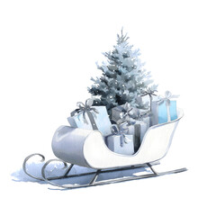 Whimsical watercolor sleigh overflowing with festive gifts and a frosted evergreen tree creating winter magic and holiday cheer