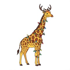 Obraz premium Whimsical giraffe adorned with festive christmas lights and antlers for a holiday celebration